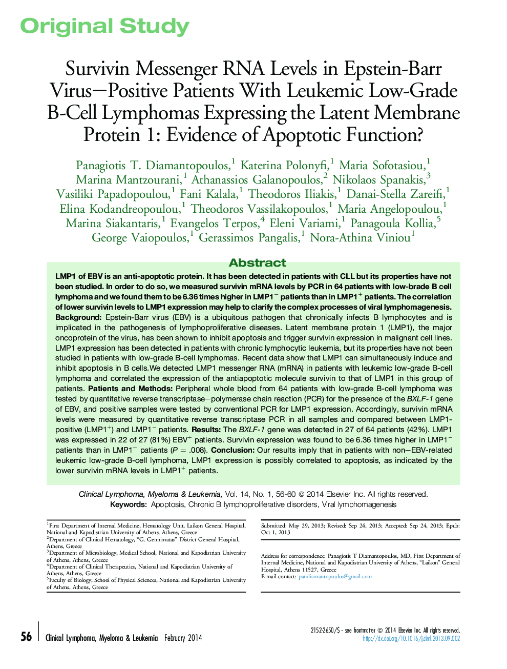 Survivin Messenger RNA Levels in Epstein-Barr Virus-Positive Patients With Leukemic Low-Grade B-Cell Lymphomas Expressing the Latent Membrane Protein 1: Evidence of Apoptotic Function?