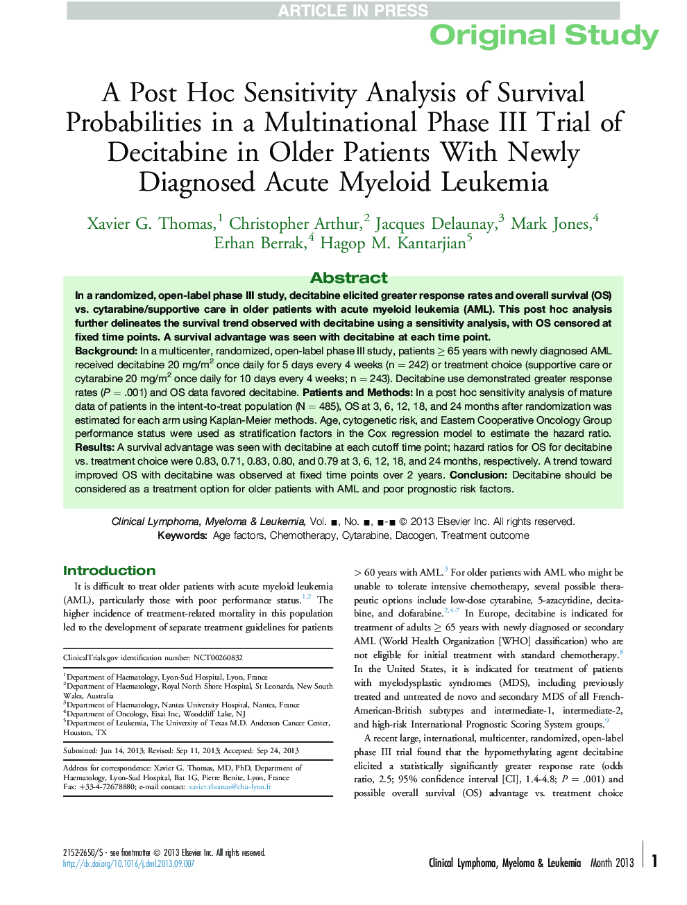 A Post Hoc Sensitivity Analysis of Survival Probabilities in a Multinational Phase III Trial of Decitabine in Older Patients With Newly Diagnosed Acute Myeloid Leukemia