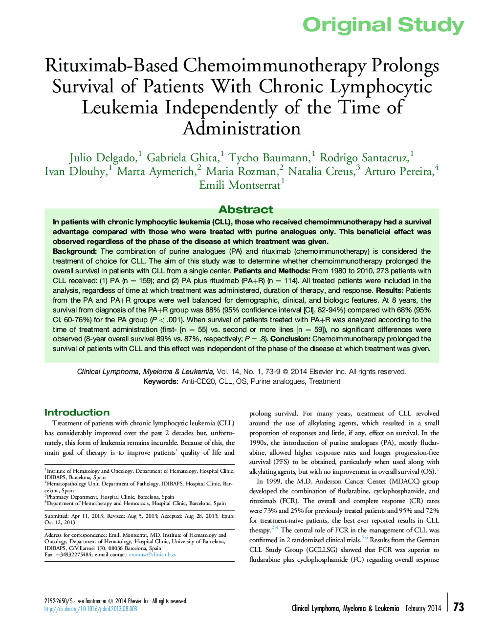 Rituximab-Based Chemoimmunotherapy Prolongs Survival of Patients With Chronic Lymphocytic Leukemia Independently of the Time of Administration