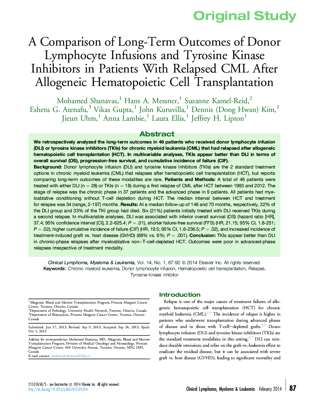 A Comparison of Long-Term Outcomes of Donor Lymphocyte Infusions and Tyrosine Kinase Inhibitors in Patients With Relapsed CML After Allogeneic Hematopoietic Cell Transplantation