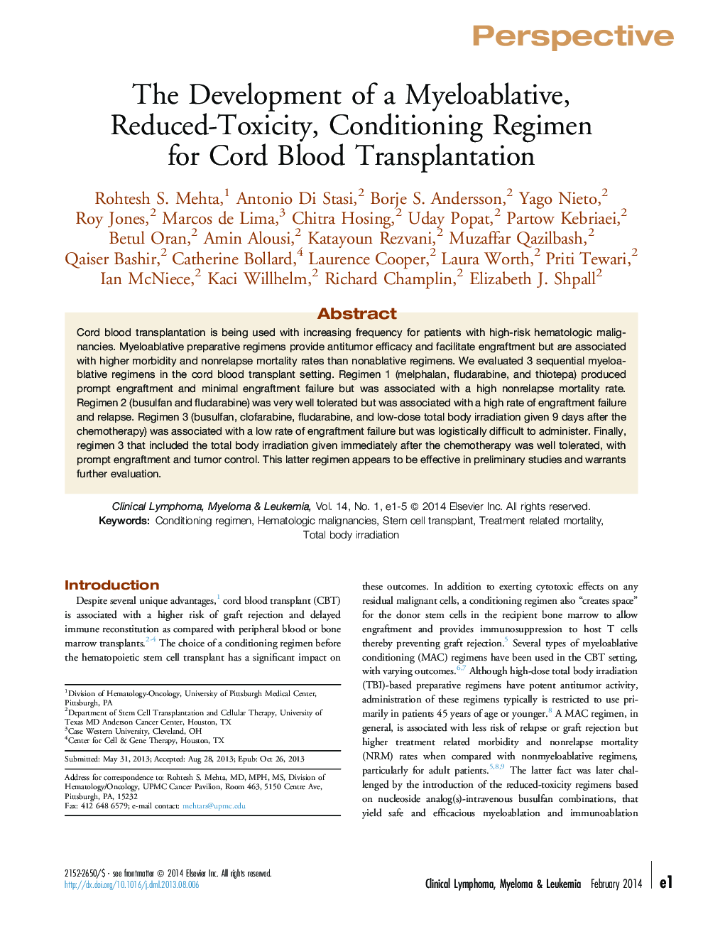 The Development of a Myeloablative, Reduced-Toxicity, Conditioning Regimen for Cord Blood Transplantation