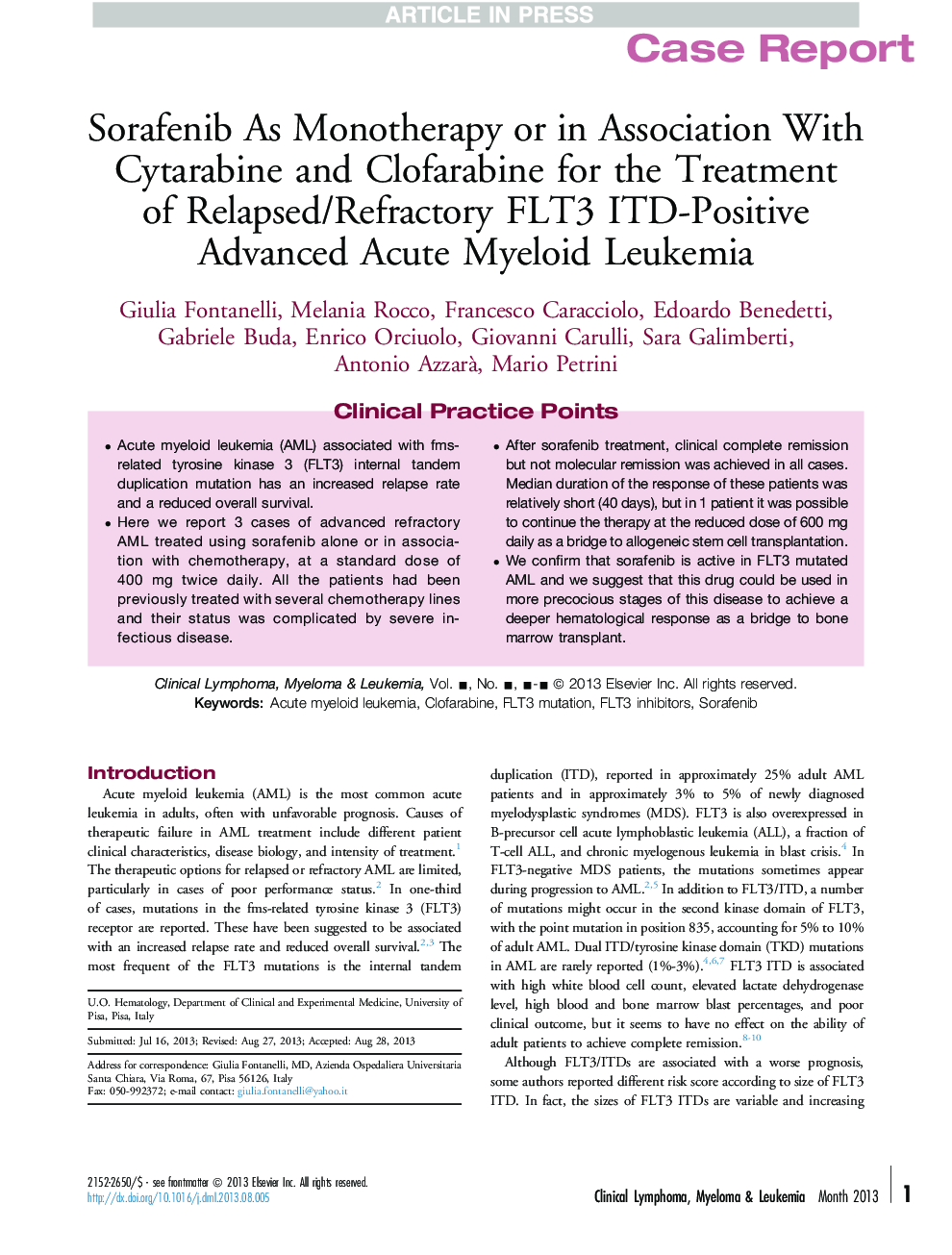 Sorafenib As Monotherapy or in Association With Cytarabine and Clofarabine for the Treatment of Relapsed/Refractory FLT3 ITD-Positive Advanced Acute Myeloid Leukemia