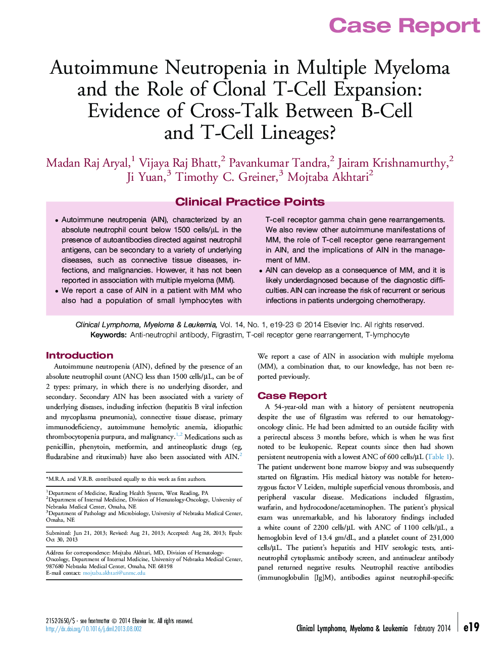 Autoimmune Neutropenia in Multiple Myeloma and the Role of Clonal T-Cell Expansion: Evidence of Cross-Talk Between B-Cell and T-Cell Lineages?