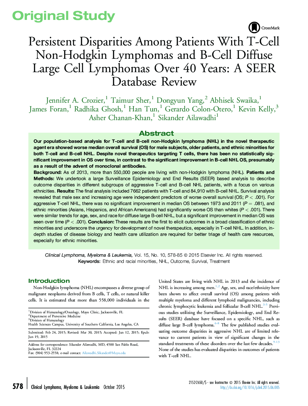 Persistent Disparities Among Patients With T-Cell Non-Hodgkin Lymphomas and B-Cell Diffuse Large Cell Lymphomas Over 40 Years: A SEER Database Review