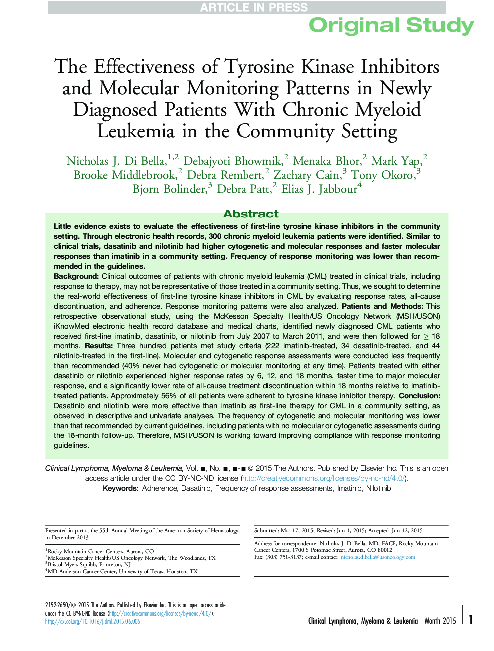 The Effectiveness of Tyrosine Kinase Inhibitors and Molecular Monitoring Patterns in Newly Diagnosed Patients With Chronic Myeloid Leukemia in the Community Setting