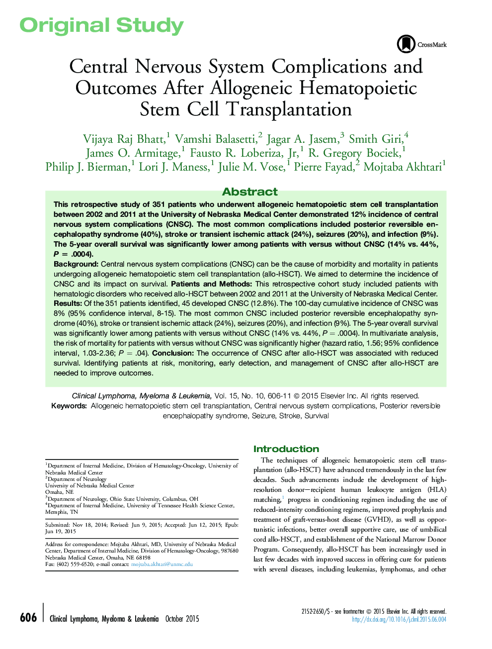 Original StudyCentral Nervous System Complications and Outcomes After Allogeneic Hematopoietic Stem Cell Transplantation