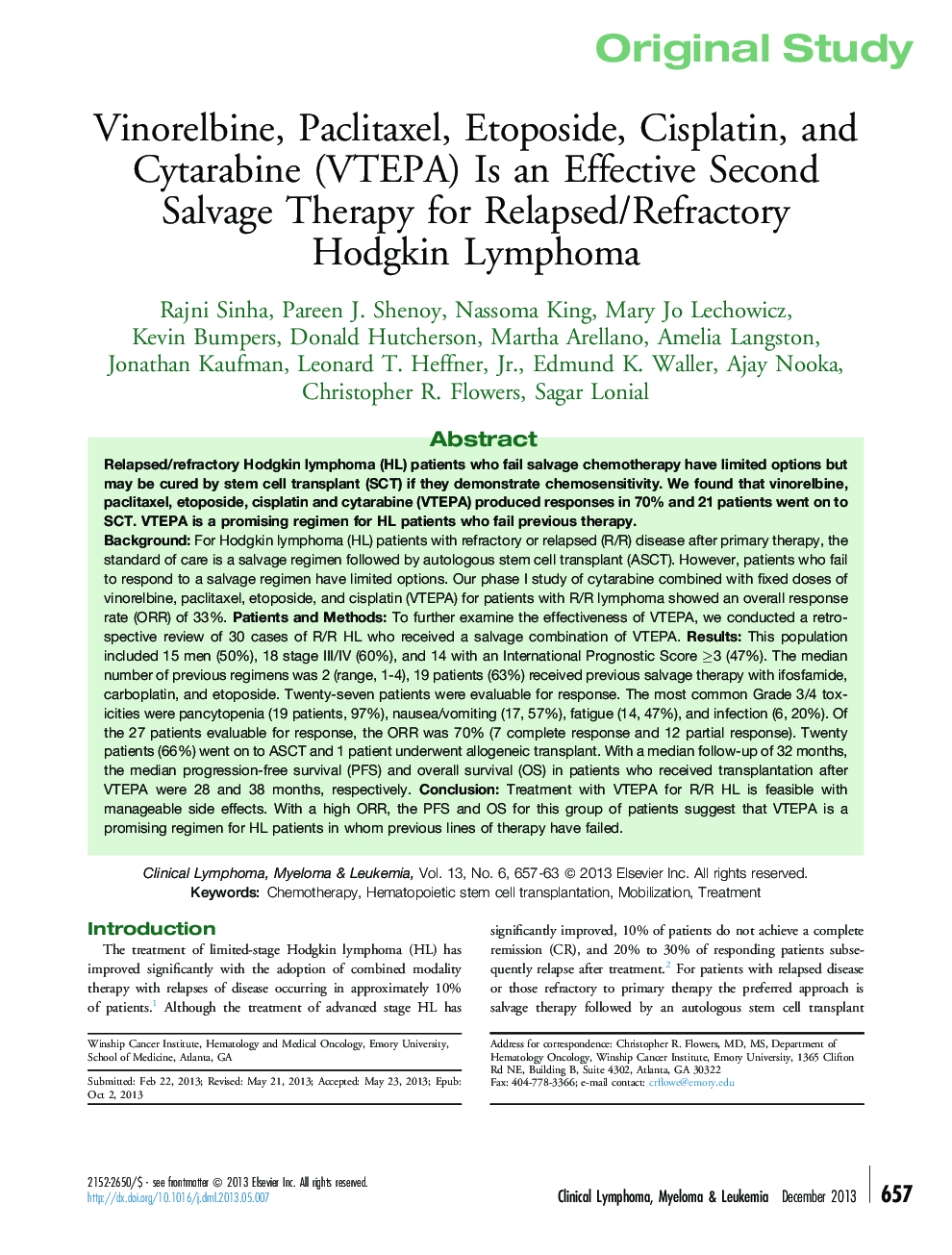 Vinorelbine, Paclitaxel, Etoposide, Cisplatin, and Cytarabine (VTEPA) Is an Effective Second Salvage Therapy for Relapsed/Refractory Hodgkin Lymphoma