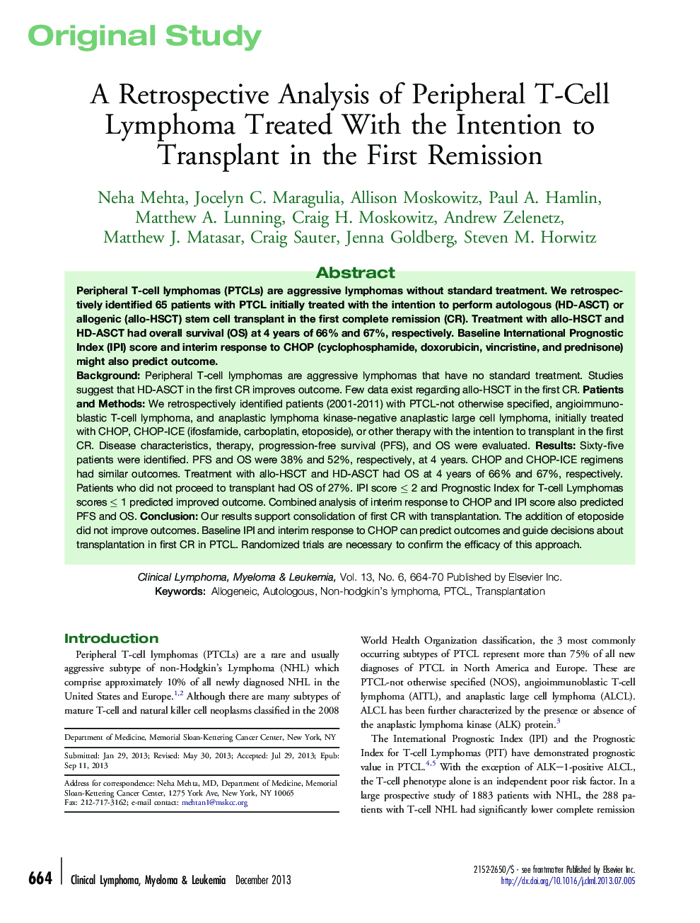 Original studyA Retrospective Analysis of Peripheral T-Cell Lymphoma Treated With the Intention to Transplant in the First Remission