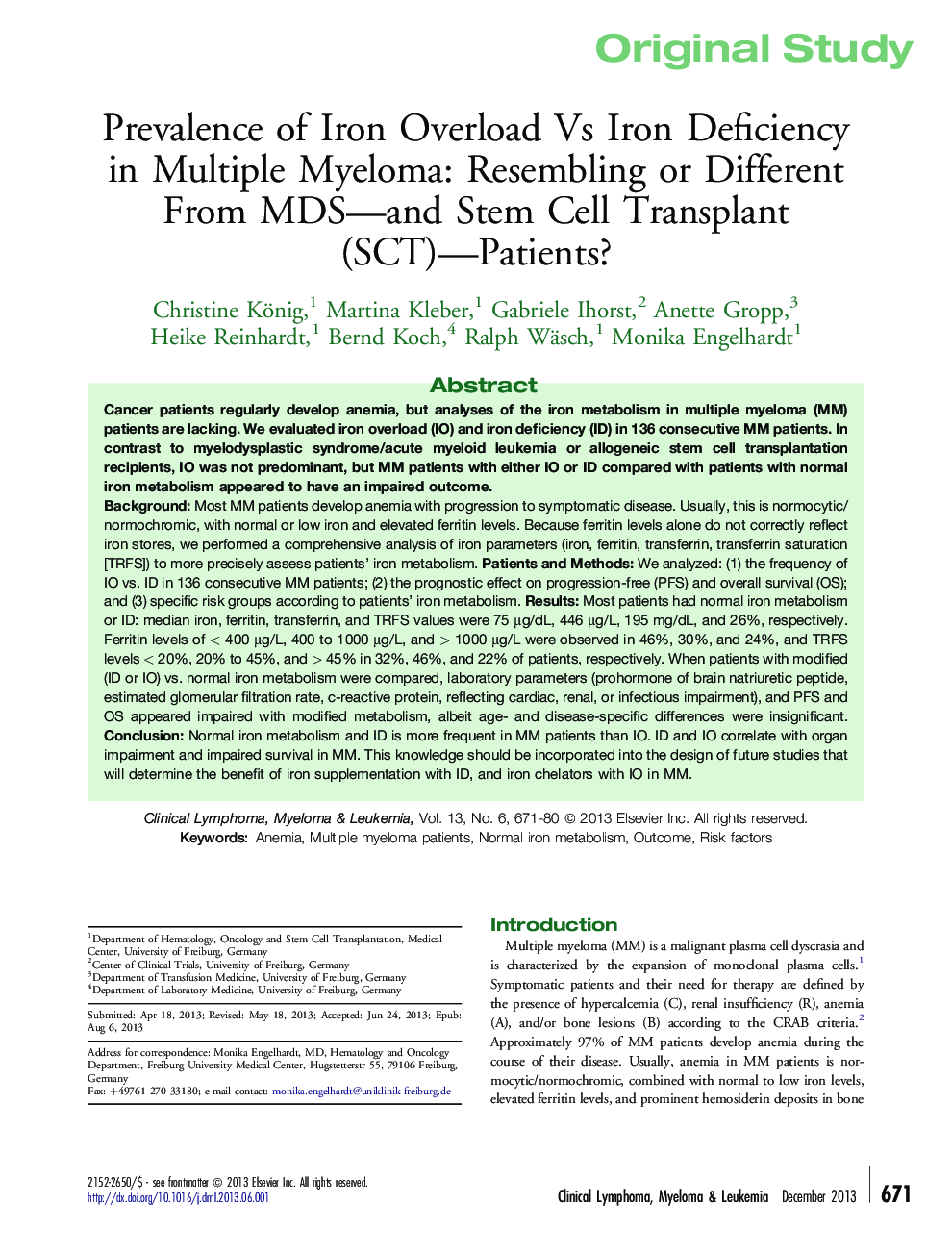 Original studyPrevalence of Iron Overload Vs Iron Deficiency in Multiple Myeloma: Resembling or Different From MDS-and Stem Cell Transplant (SCT)-Patients?