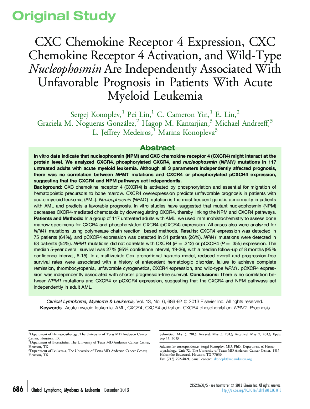 CXC Chemokine Receptor 4 Expression, CXC Chemokine Receptor 4 Activation, and Wild-Type Nucleophosmin Are Independently Associated With Unfavorable Prognosis in Patients With Acute Myeloid Leukemia