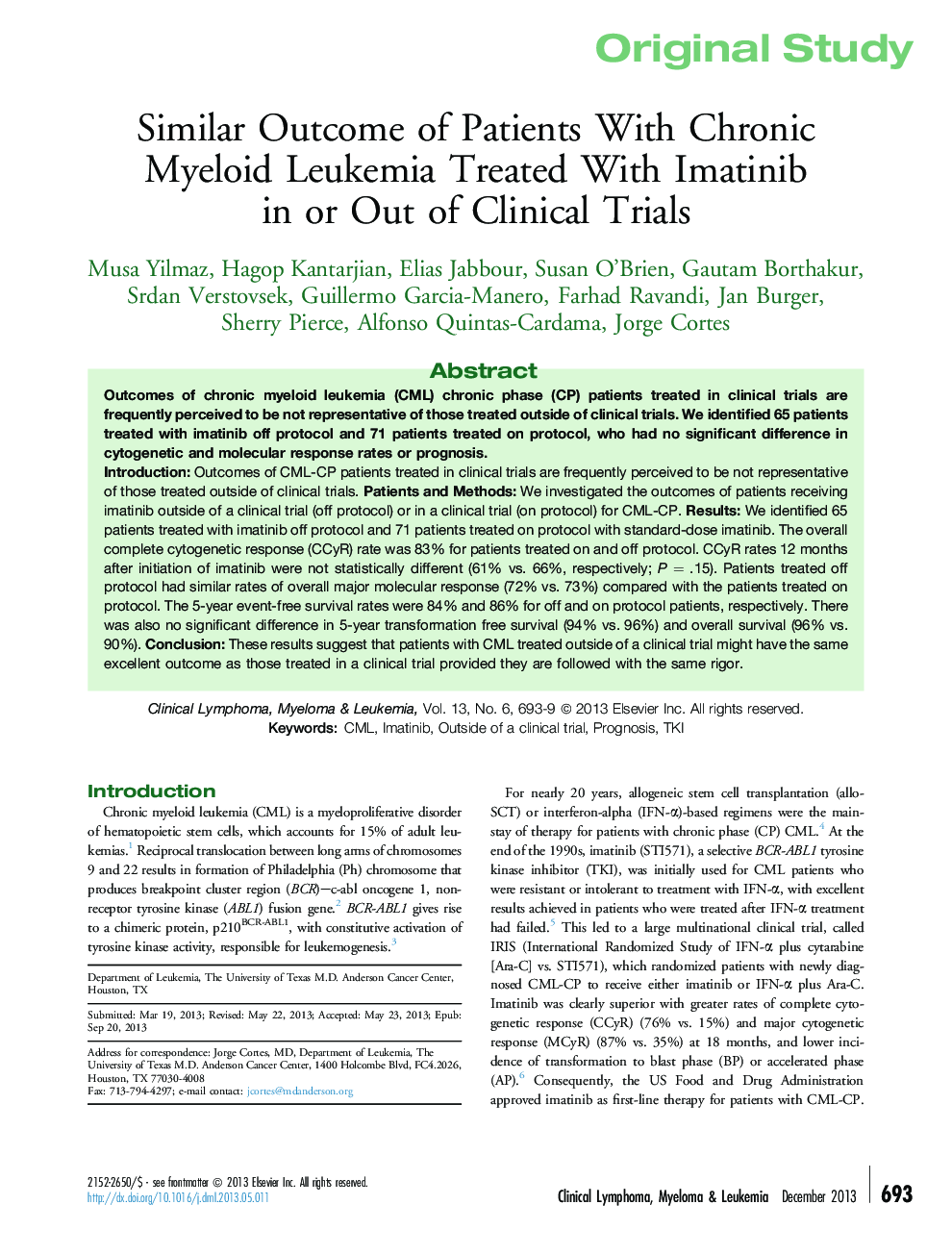 Original studySimilar Outcome of Patients With Chronic Myeloid Leukemia Treated With Imatinib in or Out of Clinical Trials