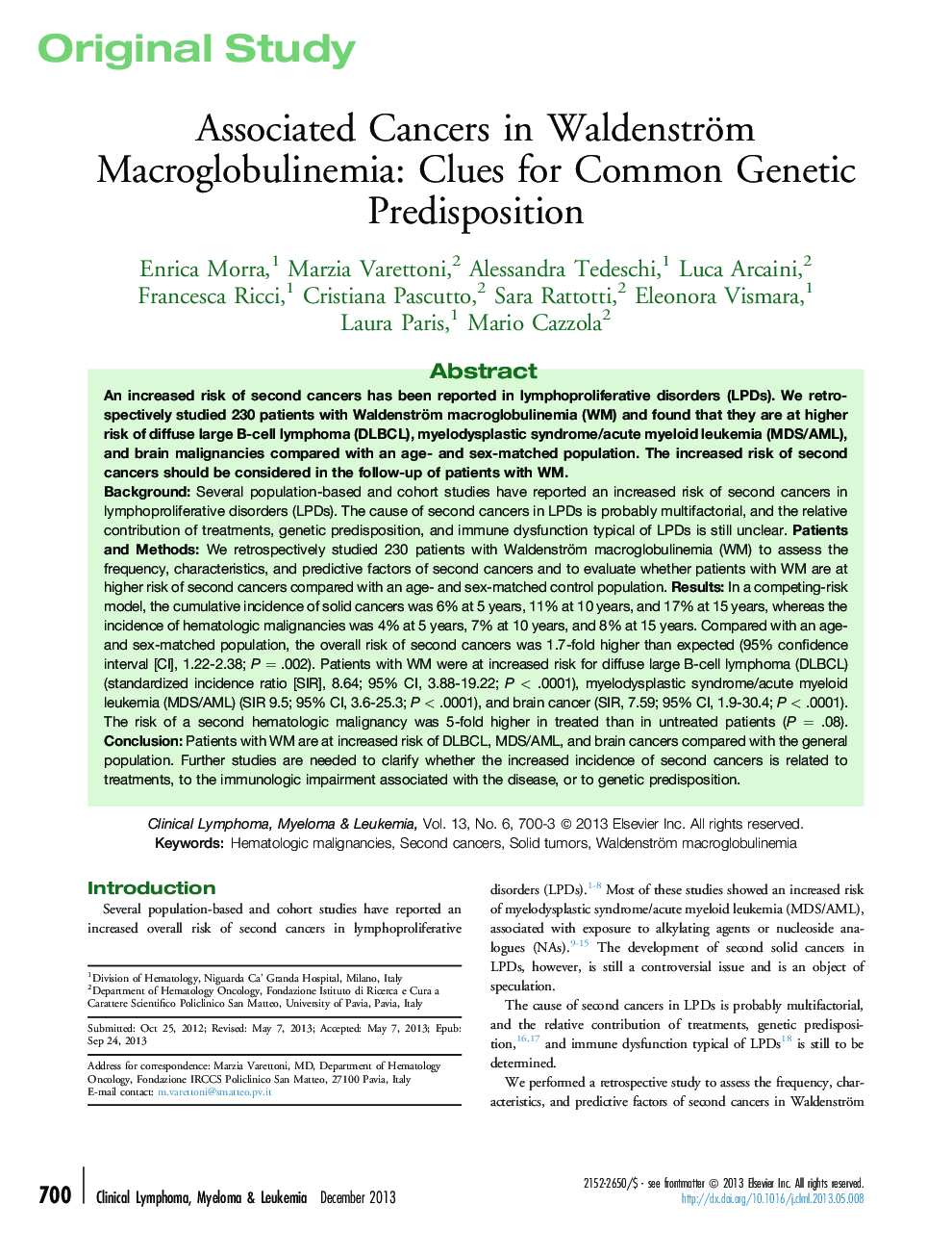 Original studyAssociated Cancers in Waldenström Macroglobulinemia: Clues for Common Genetic Predisposition
