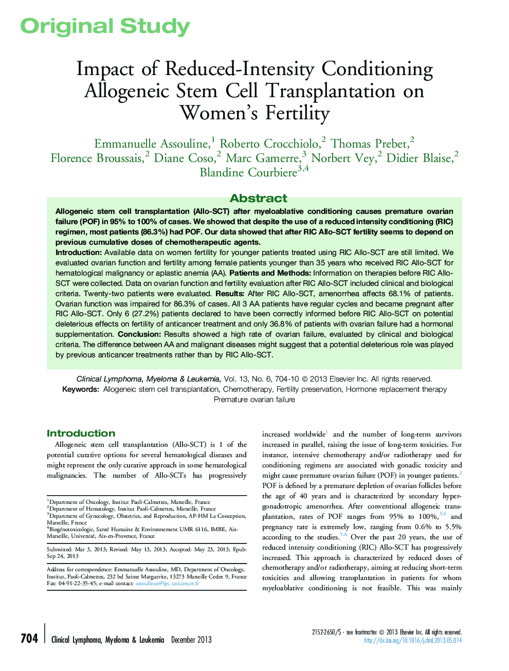 Original studyImpact of Reduced-Intensity Conditioning Allogeneic Stem Cell Transplantation on Women's Fertility