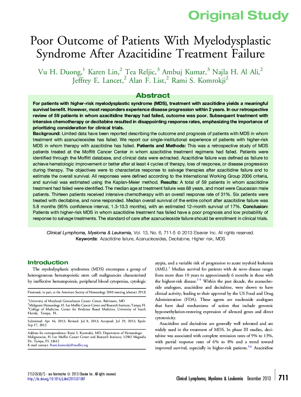 Original studyPoor Outcome of Patients With Myelodysplastic Syndrome After Azacitidine Treatment Failure