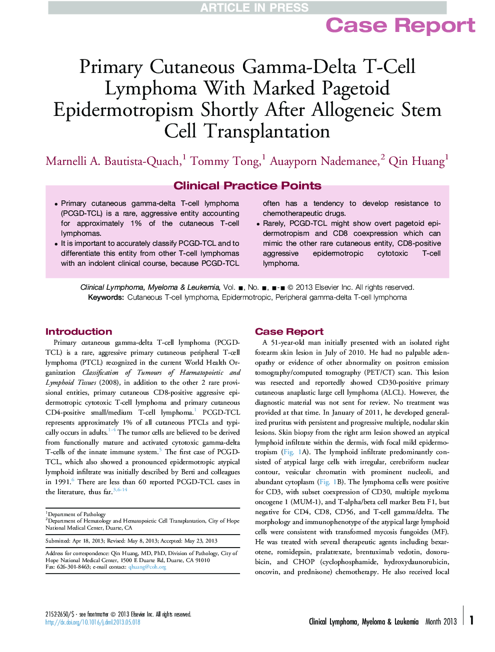 Primary Cutaneous Gamma-Delta T-Cell Lymphoma With Marked Pagetoid Epidermotropism Shortly After Allogeneic Stem Cell Transplantation