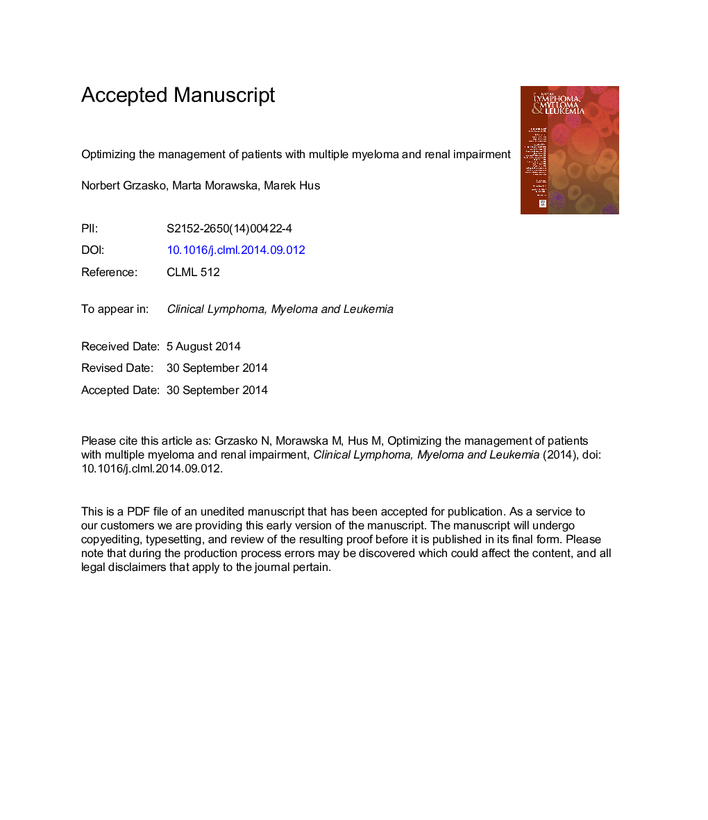 Optimizing the Treatment of Patients WithÂ Multiple Myeloma and Renal Impairment