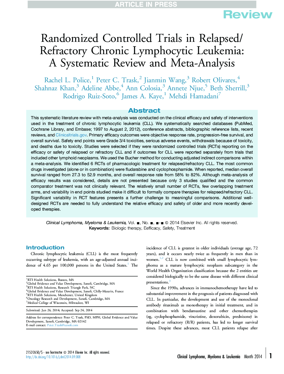 Randomized Controlled Trials in Relapsed/Refractory Chronic Lymphocytic Leukemia: AÂ Systematic Review and Meta-Analysis