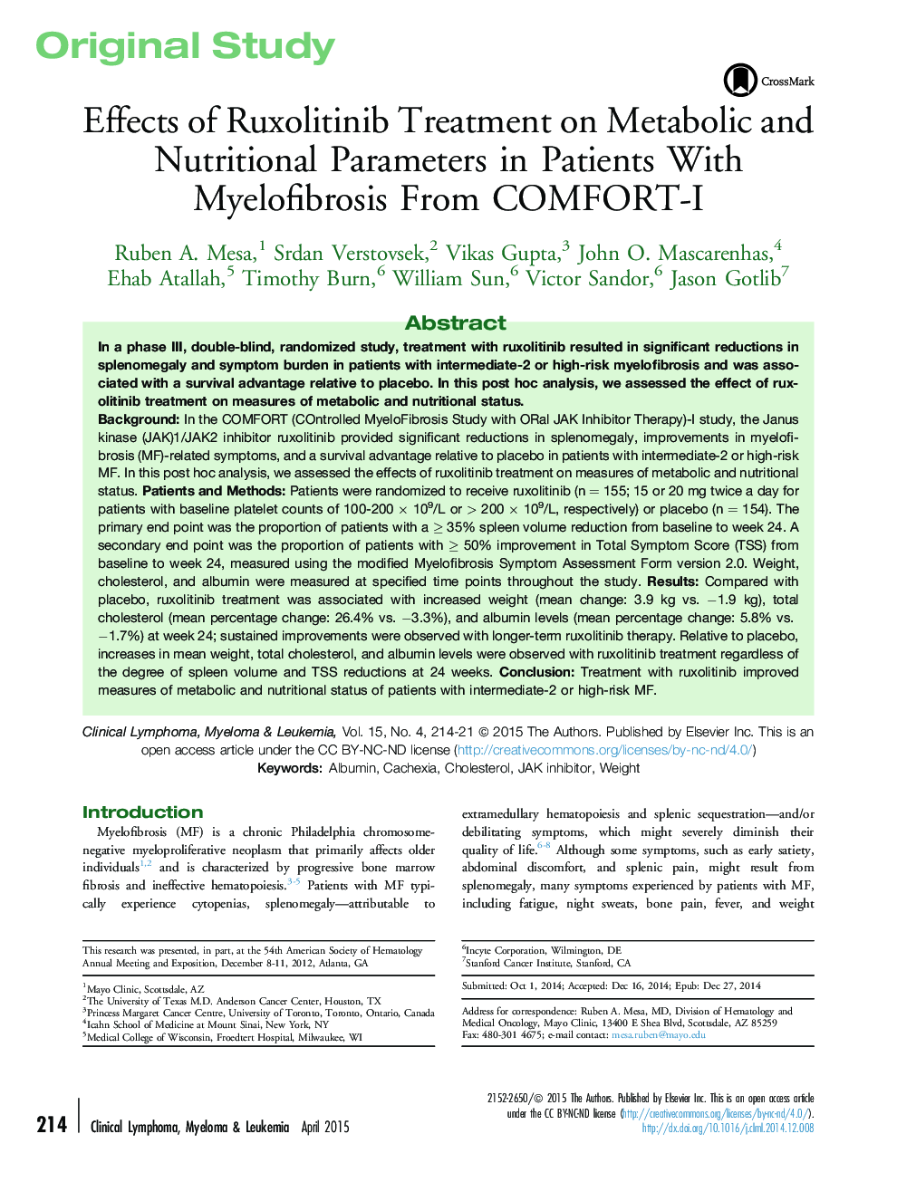 Effects of Ruxolitinib Treatment on Metabolic and Nutritional Parameters in Patients With Myelofibrosis From COMFORT-I