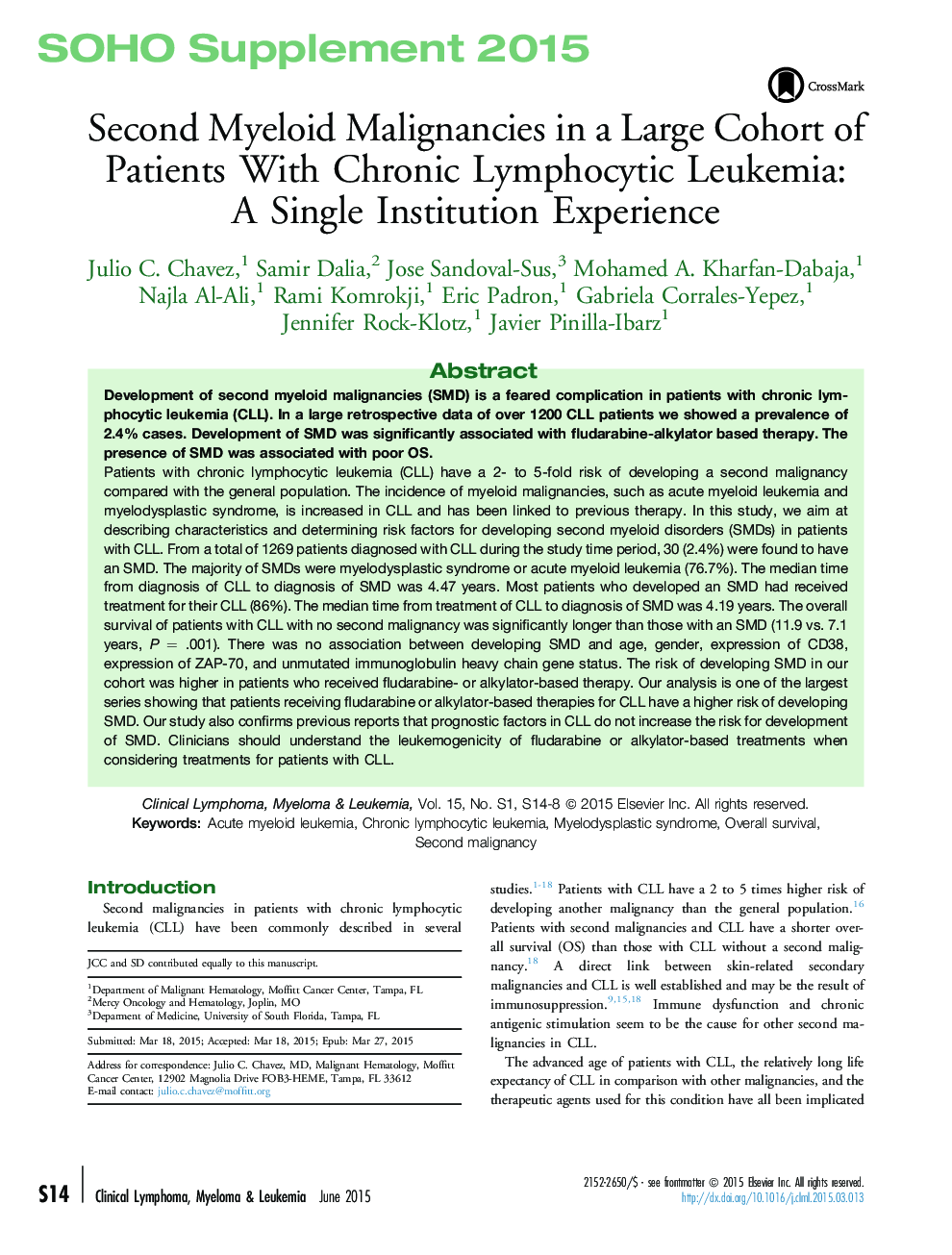 Second Myeloid Malignancies in a Large Cohort of Patients With Chronic Lymphocytic Leukemia: AÂ Single Institution Experience