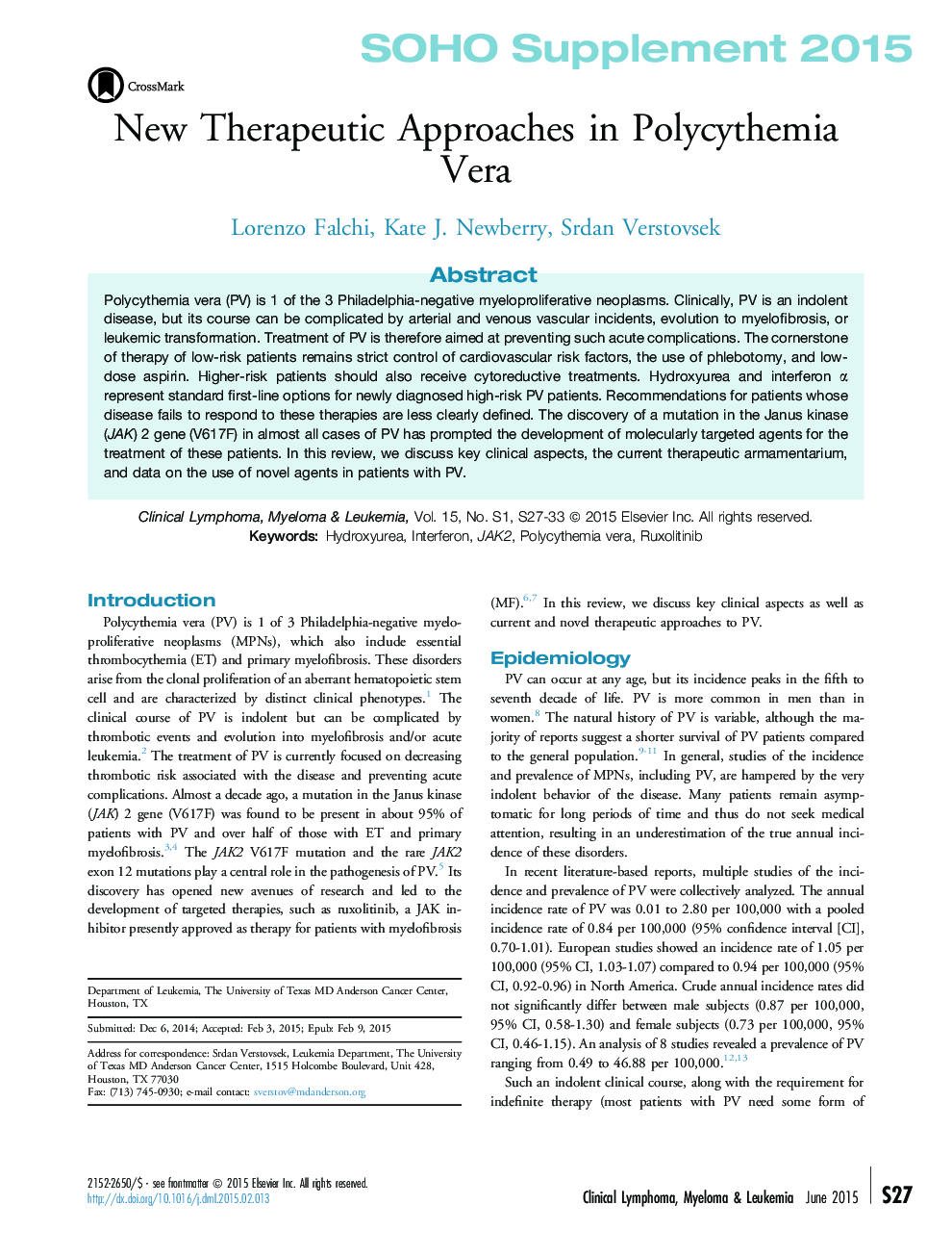 SOHO Supplement 2015New Therapeutic Approaches in Polycythemia Vera