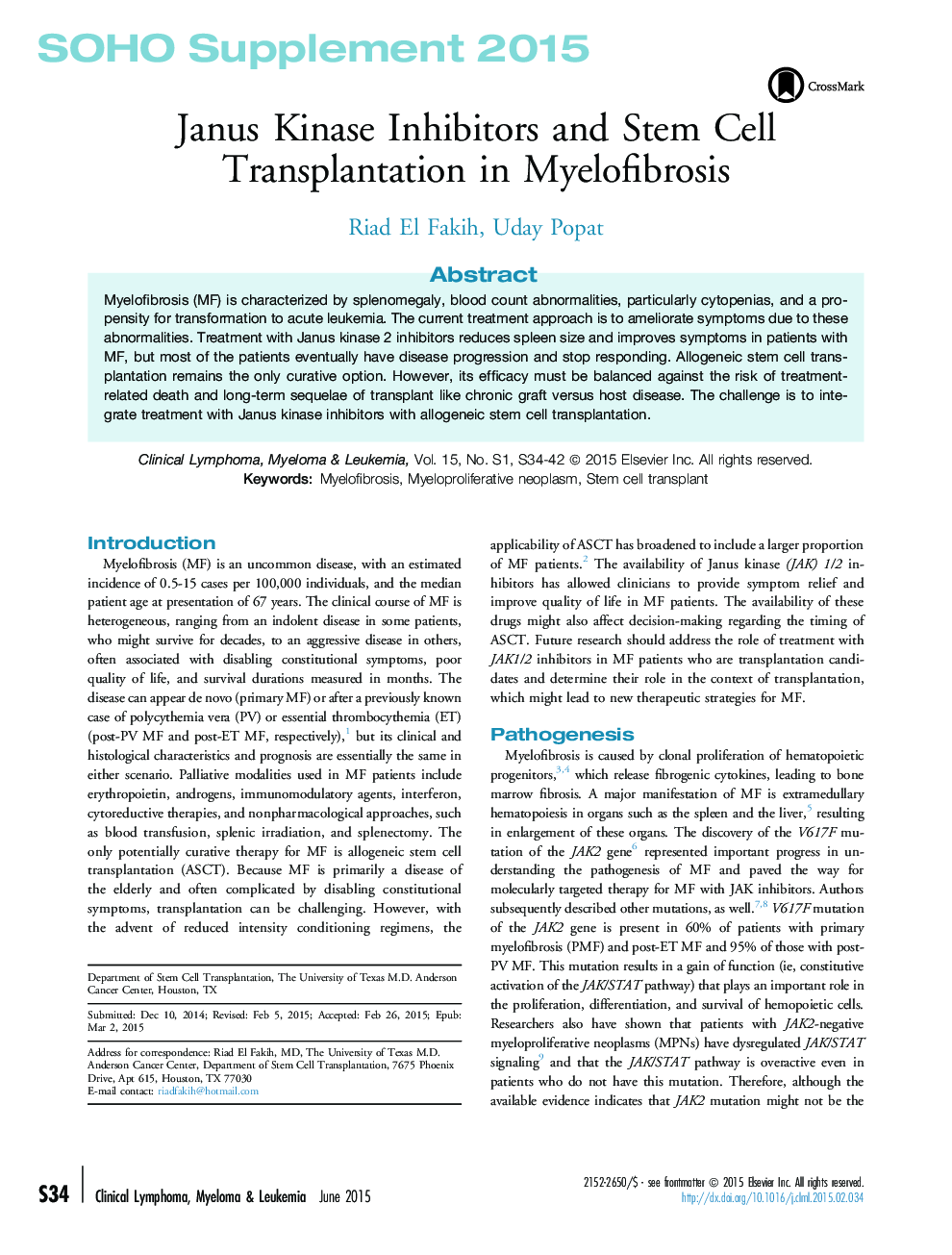 Janus Kinase Inhibitors and Stem Cell Transplantation in Myelofibrosis