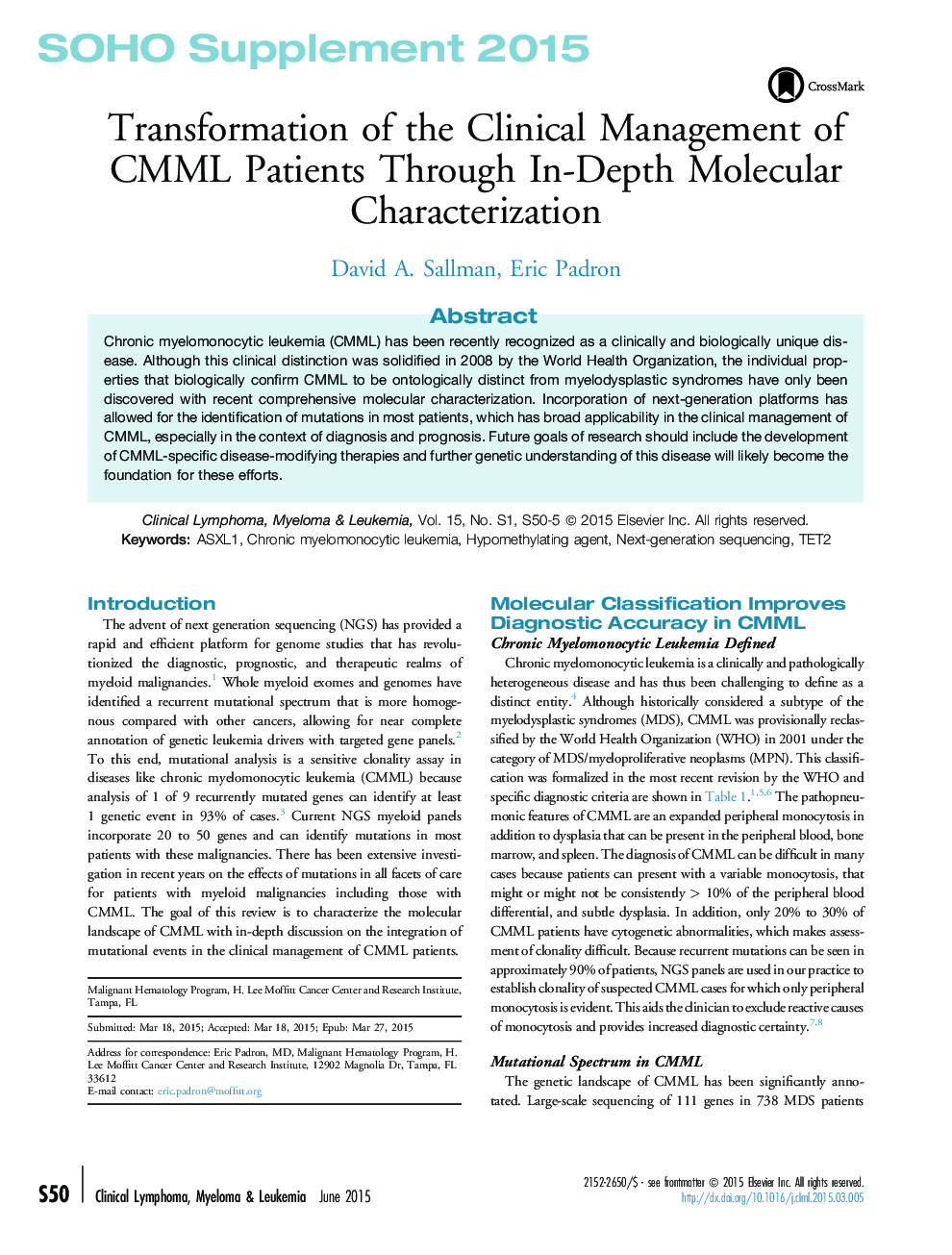 Transformation of the Clinical Management of CMML Patients Through In-Depth Molecular Characterization