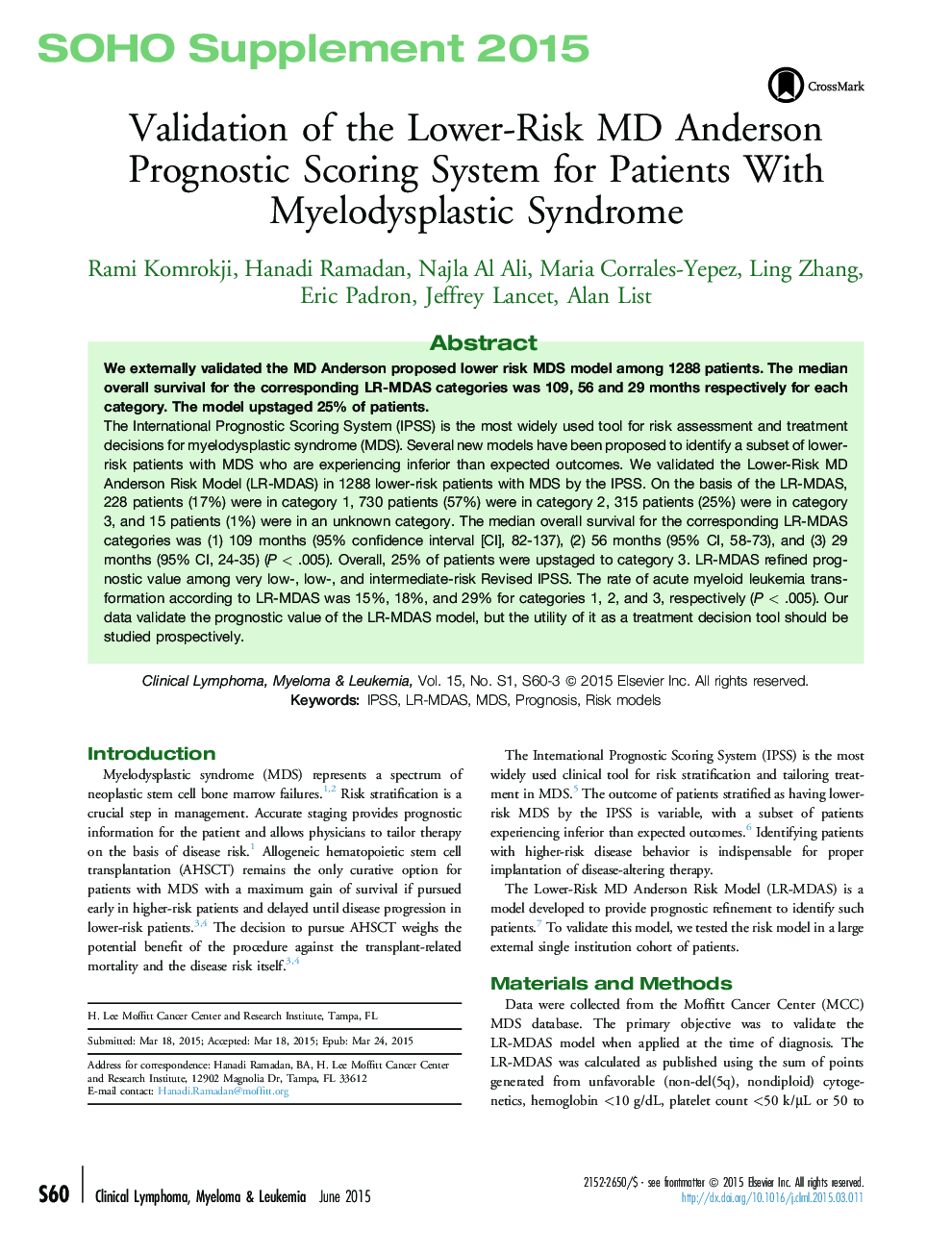 Validation of the Lower-Risk MD Anderson Prognostic Scoring System for Patients With Myelodysplastic Syndrome