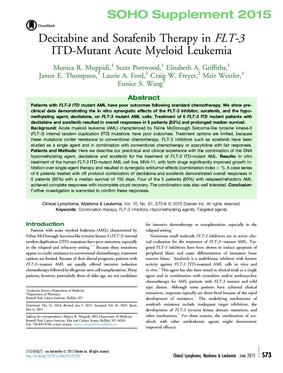 Decitabine and Sorafenib Therapy in FLT-3 ITD-Mutant Acute Myeloid Leukemia