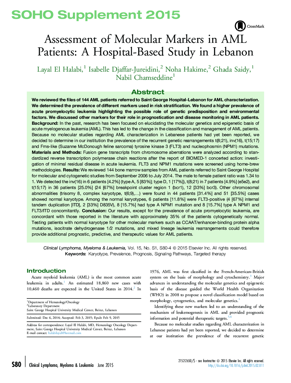 Assessment of Molecular Markers in AML Patients: A Hospital-Based Study in Lebanon