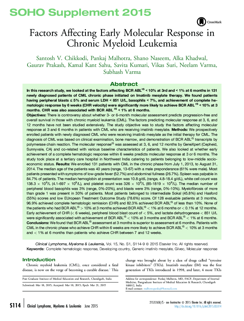 SOHO Supplement 2015Factors Affecting Early Molecular Response in Chronic Myeloid Leukemia