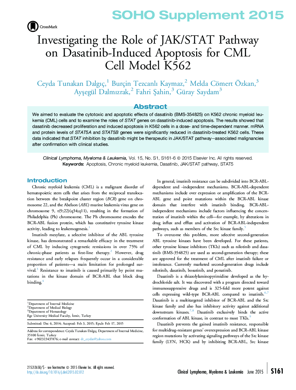 Investigating the Role of JAK/STAT Pathway on Dasatinib-Induced Apoptosis for CML Cell Model K562