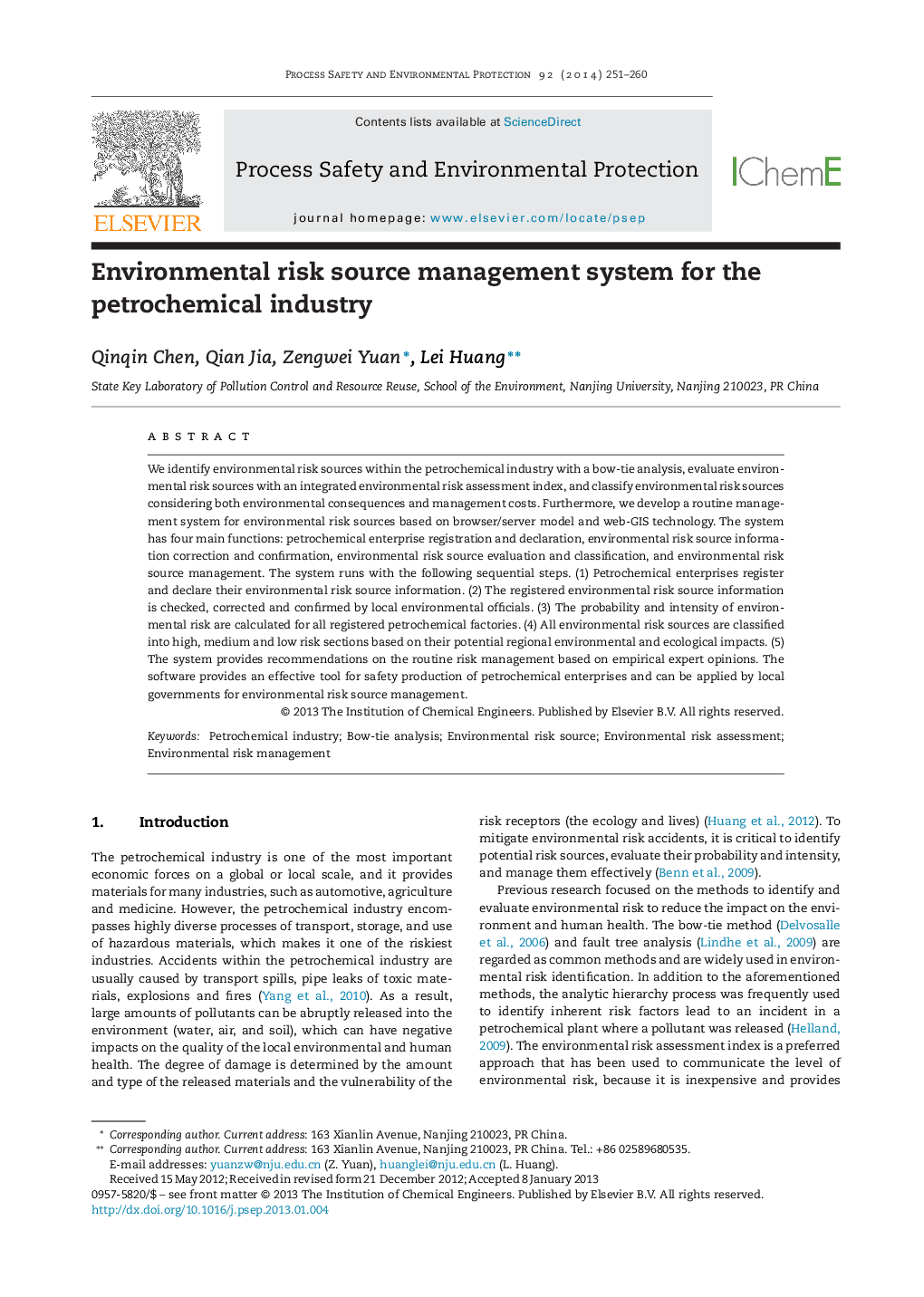 Environmental risk source management system for the petrochemical industry