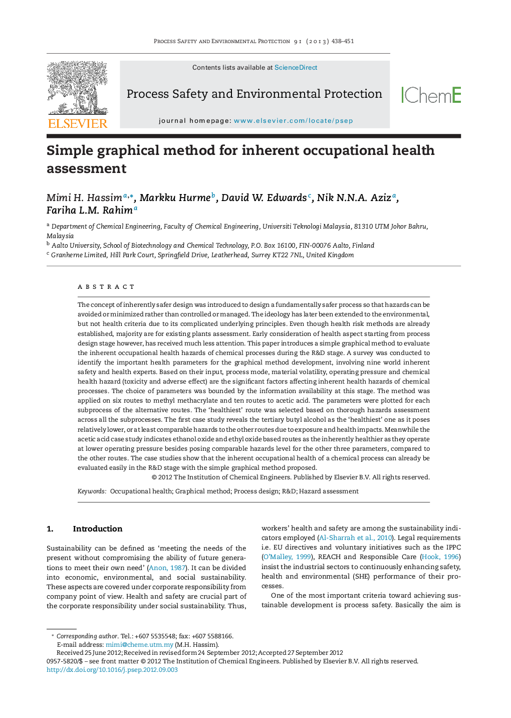 عکس صفحه اول مقاله: Simple graphical method for inherent occupational health assessment Simple graphical method for inherent occupational health assessment