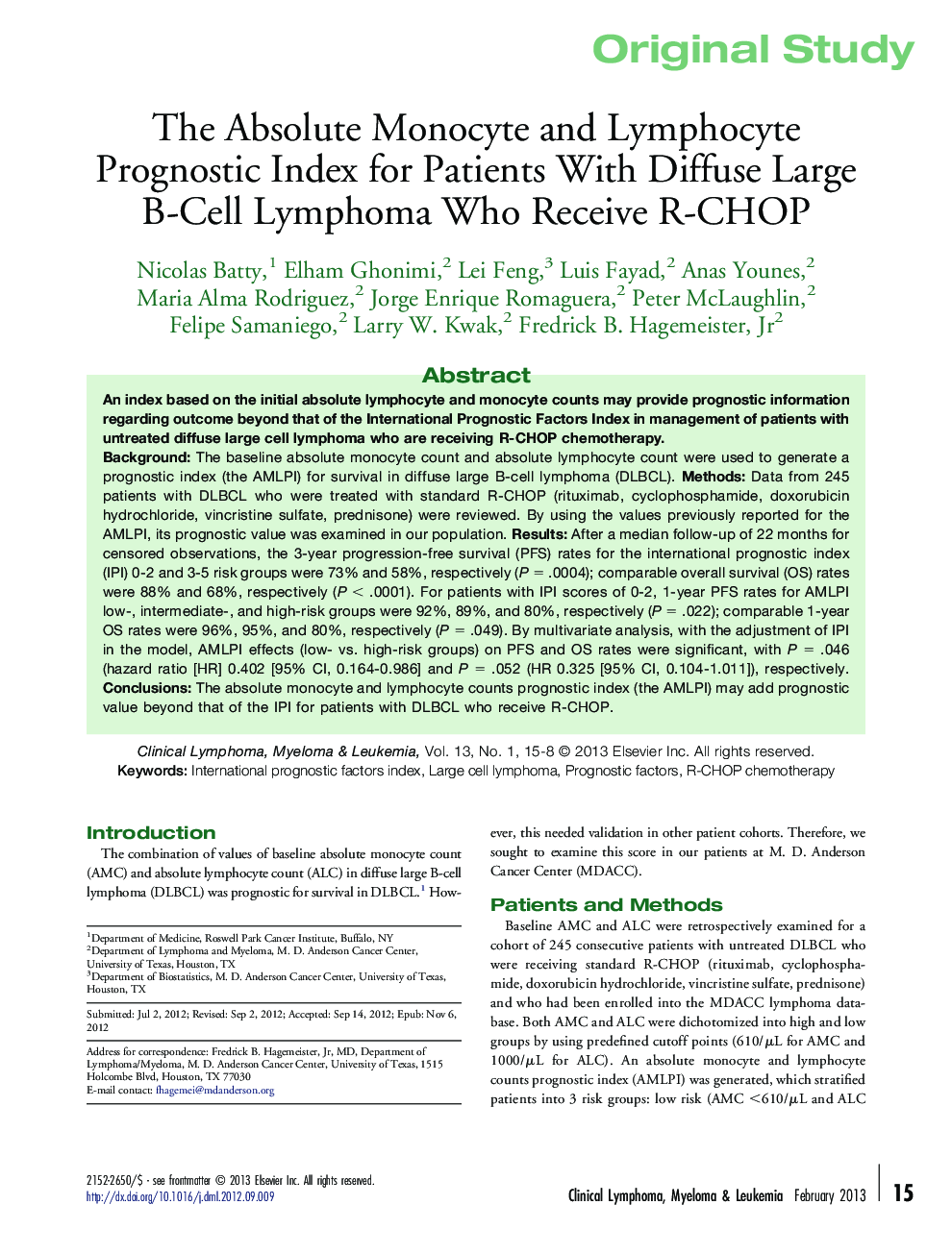 Original studyThe Absolute Monocyte and Lymphocyte Prognostic Index for Patients With Diffuse Large B-Cell Lymphoma Who Receive R-CHOP