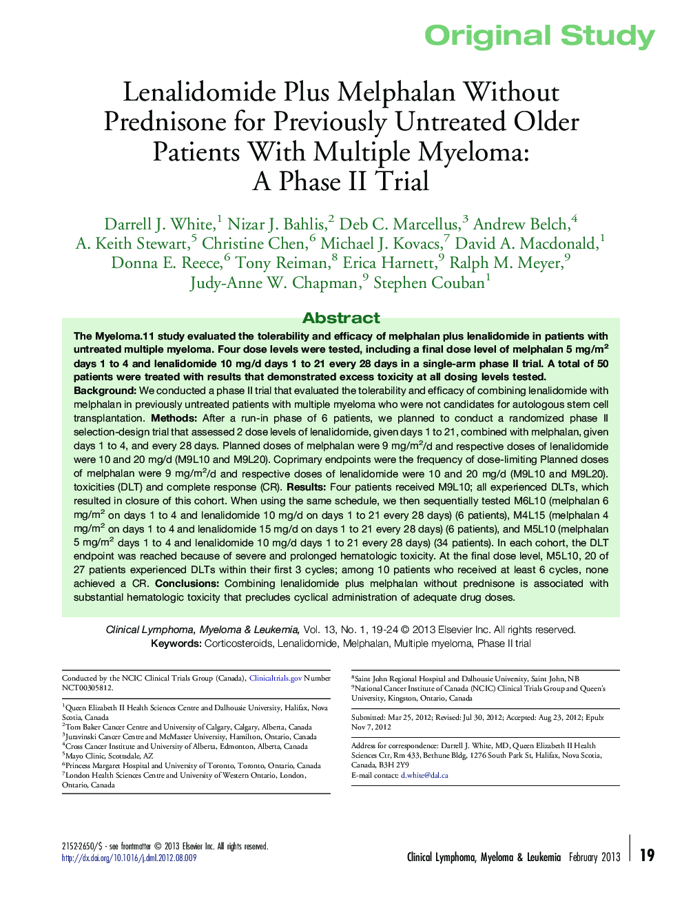 Lenalidomide Plus Melphalan Without Prednisone for Previously Untreated Older Patients With Multiple Myeloma: A Phase II Trial