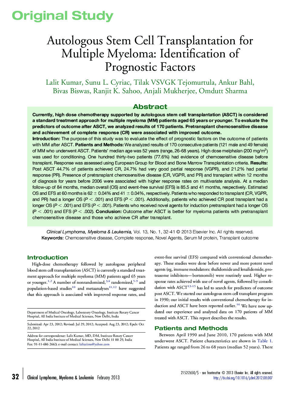 Autologous Stem Cell Transplantation for Multiple Myeloma: Identification of Prognostic Factors