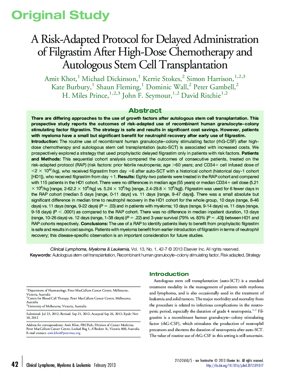 A Risk-Adapted Protocol for Delayed Administration of Filgrastim After High-Dose Chemotherapy and Autologous Stem Cell Transplantation