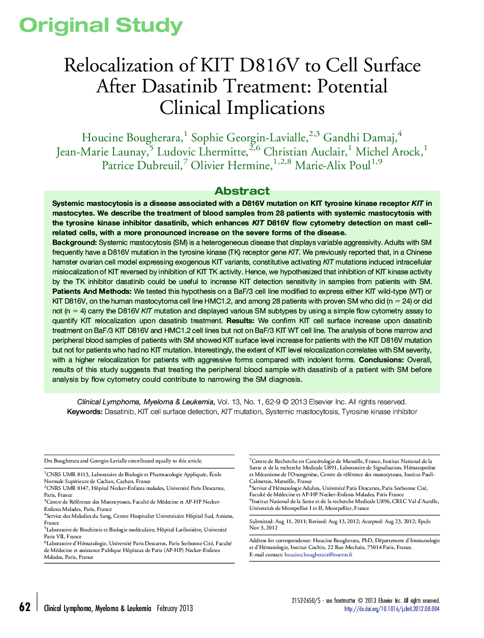 Relocalization of KIT D816V to Cell Surface After Dasatinib Treatment: Potential Clinical Implications