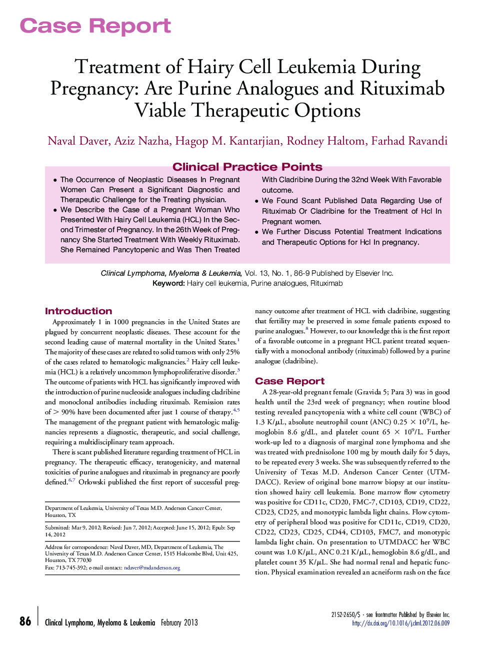 Treatment of Hairy Cell Leukemia During Pregnancy: Are Purine Analogues and Rituximab Viable Therapeutic Options