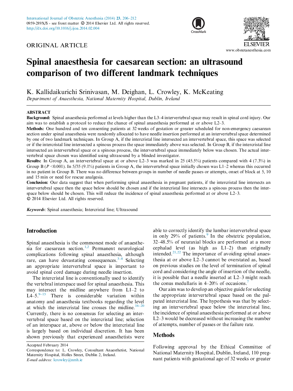 Original ArticleSpinal anaesthesia for caesarean section: an ultrasound comparison of two different landmark techniques