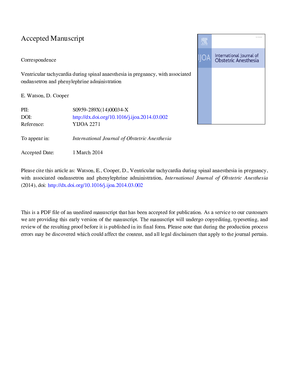 Ventricular tachycardia associated with ondansetron and phenylephrine administration during spinal anaesthesia in pregnancy