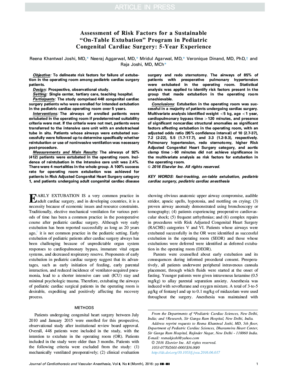 Assessment of Risk Factors for a Sustainable “On-Table Extubation” Program in Pediatric Congenital Cardiac Surgery: 5-Year Experience