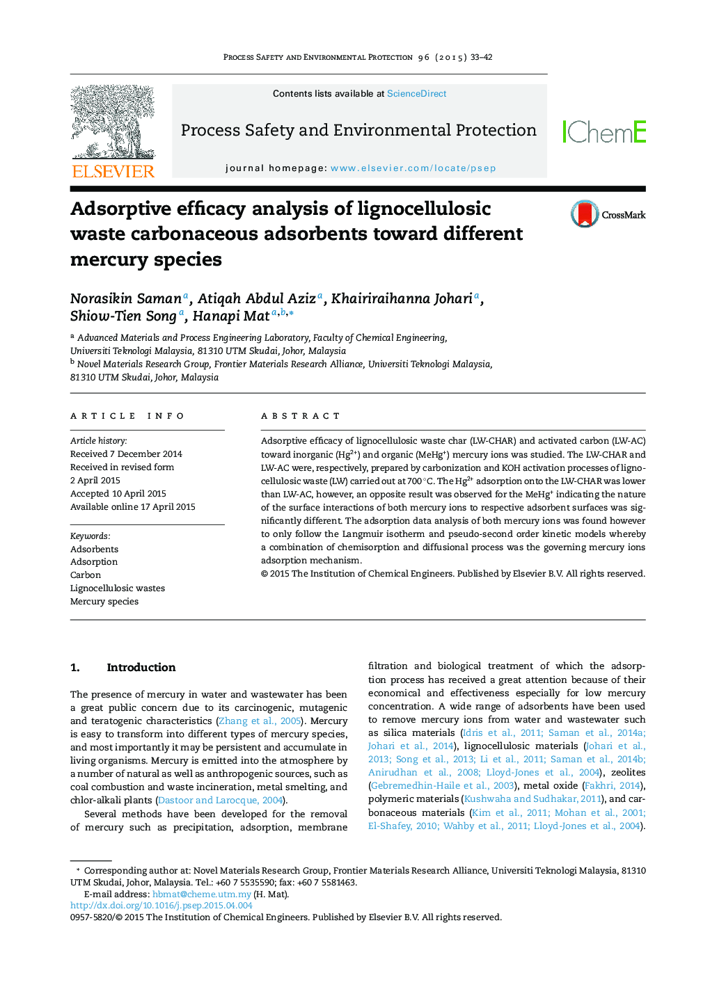 Adsorptive efficacy analysis of lignocellulosic waste carbonaceous adsorbents toward different mercury species