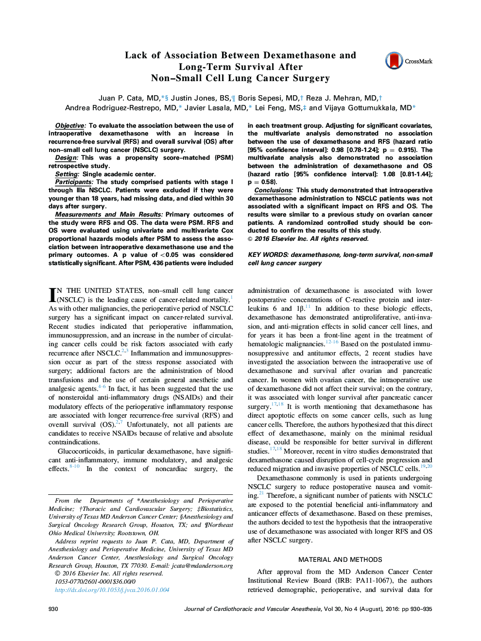 Original ArticleLack of Association Between Dexamethasone and Long-Term Survival After Non-Small Cell Lung Cancer Surgery