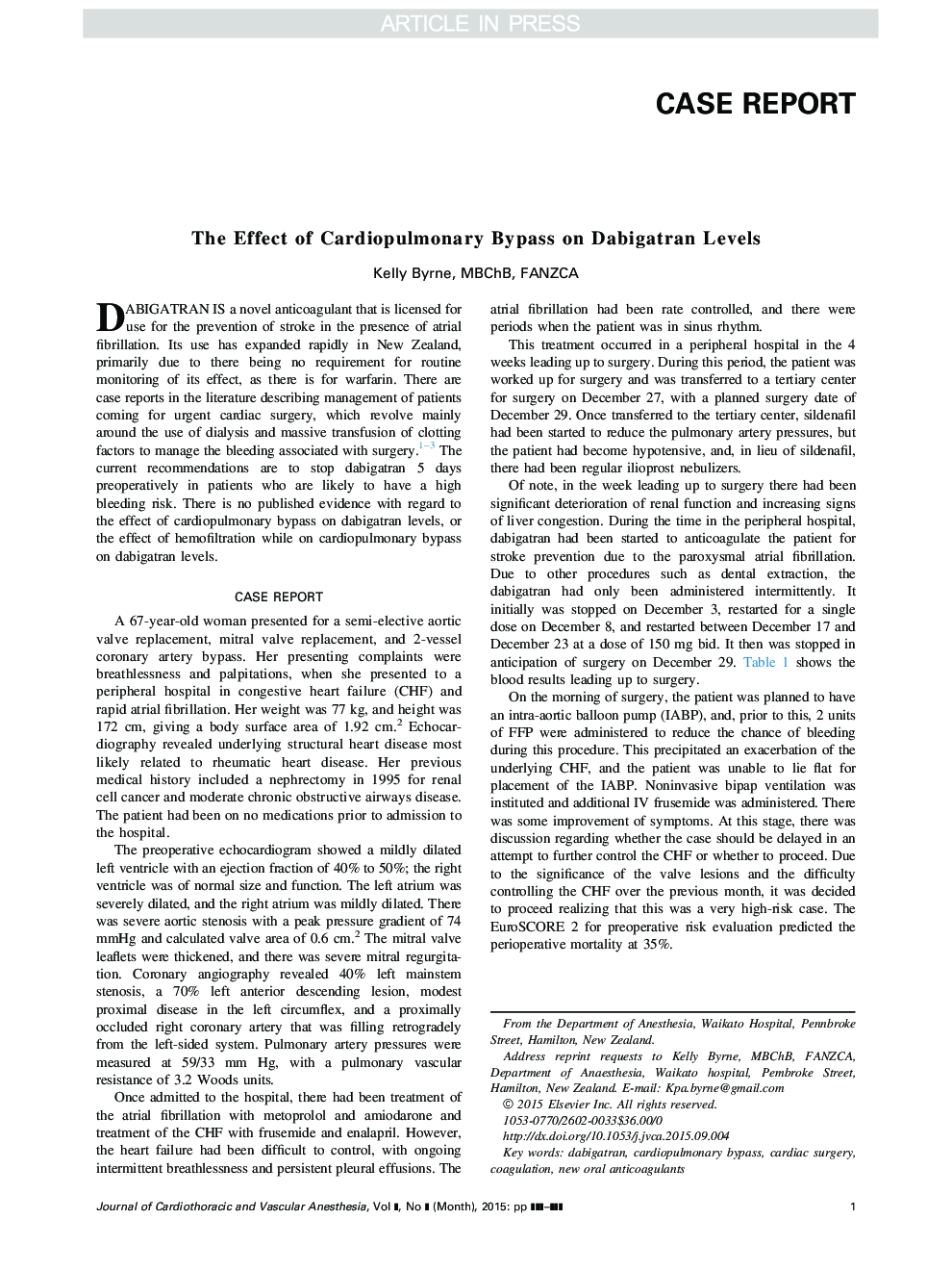 The Effect of Cardiopulmonary Bypass on Dabigatran Levels