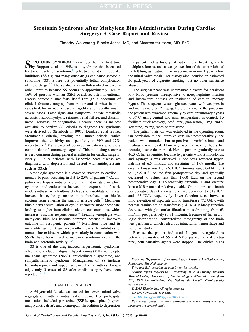 Serotonin Syndrome After Methylene Blue Administration During Cardiac Surgery: A Case Report and Review