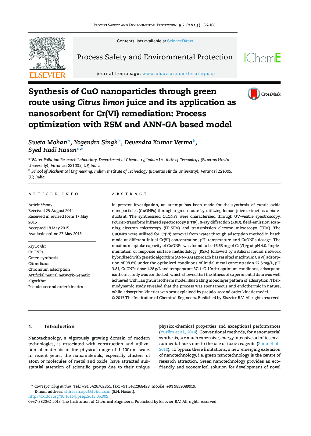 Synthesis of CuO nanoparticles through green route using Citrus limon juice and its application as nanosorbent for Cr(VI) remediation: Process optimization with RSM and ANN-GA based model