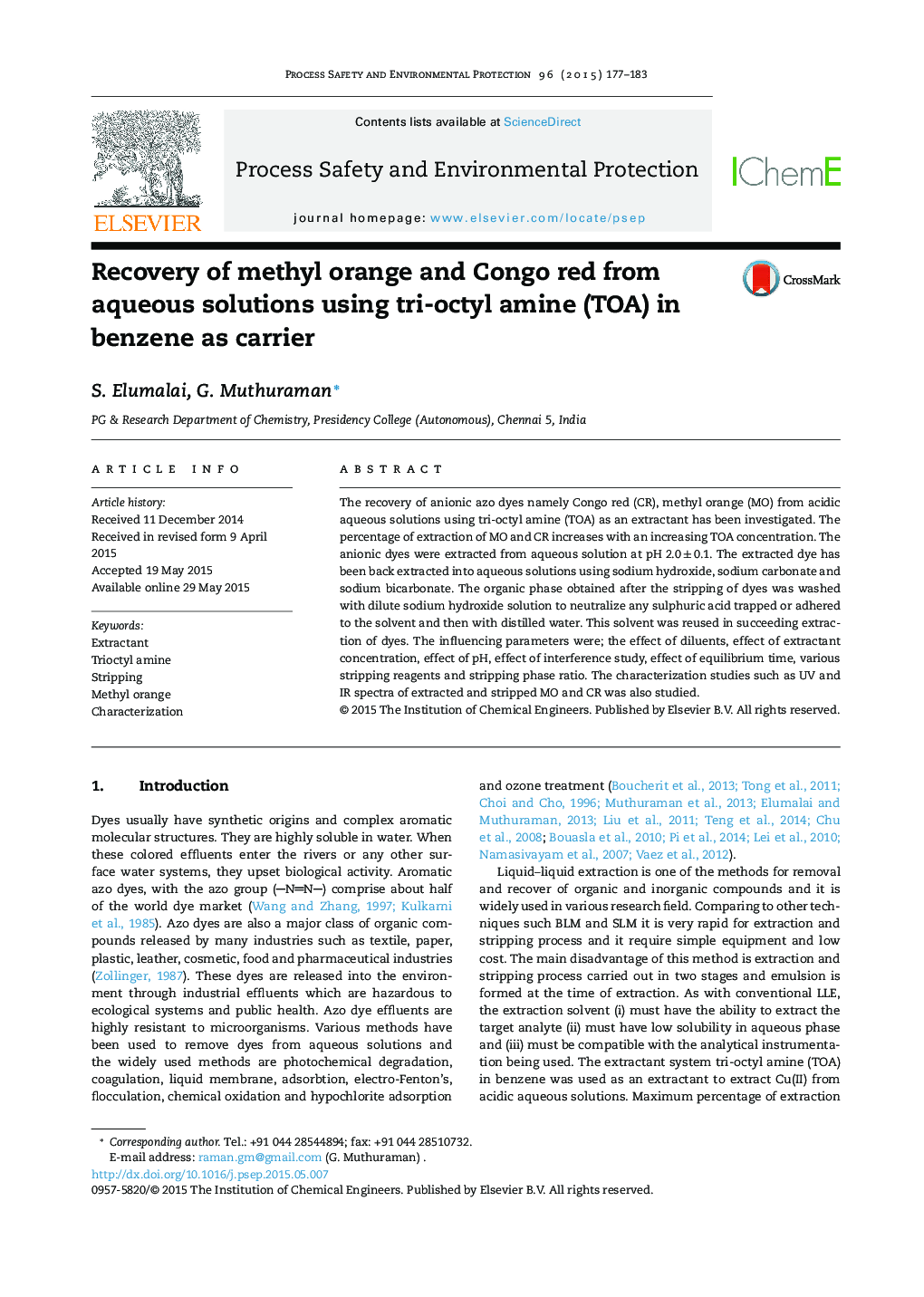 Recovery of methyl orange and Congo red from aqueous solutions using tri-octyl amine (TOA) in benzene as carrier