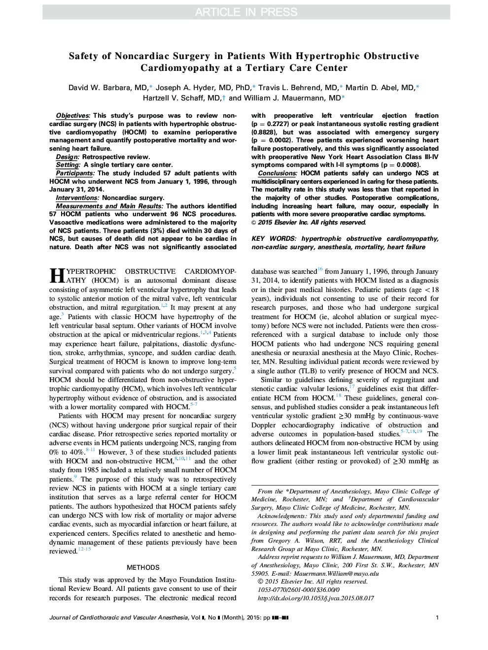 Safety of Noncardiac Surgery in Patients With Hypertrophic Obstructive Cardiomyopathy at a Tertiary Care Center