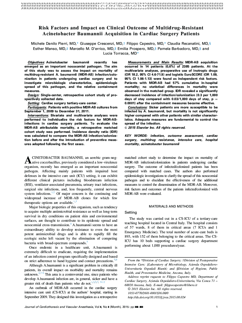 Risk Factors and Impact on Clinical Outcome of Multidrug-Resistant Acinetobacter Baumannii Acquisition in Cardiac Surgery Patients